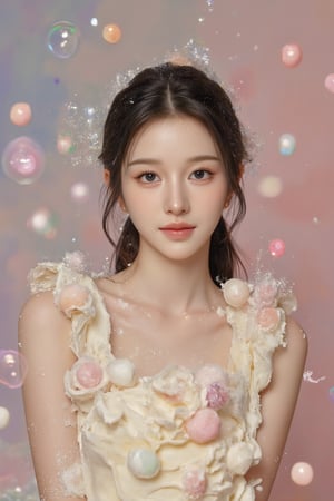 A beautiful 20-year-old girl fell on a cream cake, causing the cream to splash everywhere. When she lands, the air is filled with candies and bubbles floating around her. The scene is quirky and playful, with colorful candies and sparkling bubbles creating a magical, dreamlike atmosphere.