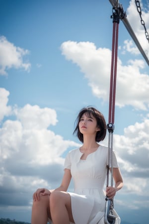 best quality,masterpiece,1girl, above clouds, solo, short hair, bangs, black hair, dress, sitting, closed eyes, short sleeves, outdoors, parted lips, sky, day, cloud, white dress, blue sky, cloudy sky, swing