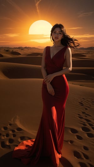 Desert Solitude: Imagine a woman in a flowing red dress, standing atop a sand dune overlooking a vast desert landscape. The sun dips below the horizon, casting long shadows and painting the sky in fiery hues. The silence is broken only by the whisper of wind, and the woman's expression is one of quiet contemplation amidst the stark beauty of nature's harshest embrace.