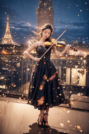 A breathtaking masterpiece captures the essence of a lone figure standing majestically on the rooftop of a building, bathed in the soft glow of starry night sky. The subject's long, raven-black hair flows gently in the evening breeze as she holds her violin with real hands, the instrument's curves harmoniously complementing her vintage-inspired hairstyle. A stunning, sleeveless black dress clings to her figure, paired with high heels that seem to defy gravity. The wide-angle shot frames her dramatic pose, surrounded by a cityscape's twinkling lights and a celestial canvas of stars.