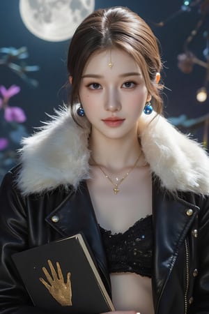 Here’s the translation:

Master-level photography of a stunningly beautiful, cool, and alluring young girl with honey-colored hair and deep-set features. Her bangs are swept back, revealing a neat short hairstyle. A delicate golden cross adorns her forehead, and she wears blue crystal sphere earrings. She is dressed in a black leather coat with a large white fur collar left open, and a cropped top revealing her toned abs. In her hand, she holds a black book with a golden handprint on the cover. The scene is bathed in soft moonlight, with a magical background.