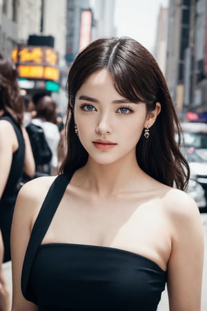 A stunning 20-year-old Korean girl walks solo down a bustling New York City street, exuding confidence with her happy smile. She wears a tight, black strapless dress that accentuates her glamor body type, paired with a shoulder bag and curly hair cascading past her waist. Her dark eyes sparkle with a calm expression, delicate facial features, and tiny earrings add to the masterpiece's photorealistic quality. The camera captures her beauty from a sharp-focus cowboy shot, showcasing her real hands and ultra-detailed features in high-resolution perfection.
 (Emma Watson:0.8),(Song Hye-gyo:1.1),