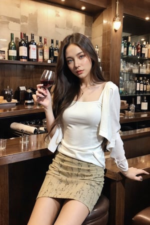 A sexy girl in a dress sat in front of the bar with a glass of wine in a high-altitude bar, looking at the handsome bartender with blurred eyes.