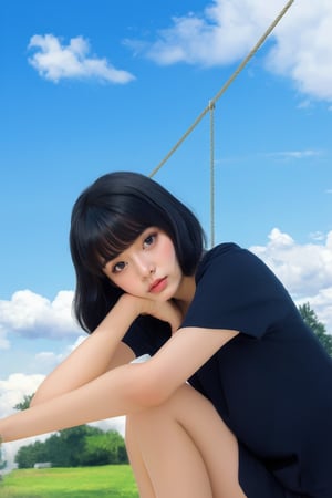 best quality,masterpiece,1girl, above clouds, solo, short hair, bangs, black hair, dress, sitting, closed eyes, short sleeves, outdoors, parted lips, sky, day, cloud, white dress, blue sky, cloudy sky, swing