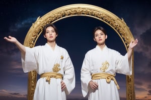 Two Japanese male idols, attired in regal ancient attire, stand majestically against a celestial backdrop featuring Tai Chi elements, swirling clouds, and stars. The idols, one clad in black, the other in white, radiate elegance amidst the ornate decoration. Golden paint splatters add a touch of mythical grandeur as the scene is presented from multiple angles, inviting viewers to immerse themselves in the majestic atmosphere.