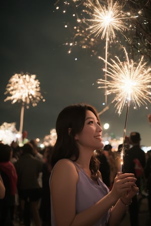 A nighttime scene where a Taiwanese woman is holding a sparkler, drawing the number '1010' in the air. The glowing trails of light illuminate the dark background, creating a festive and celebratory atmosphere. The girl is smiling as she waves the sparkler, and her silhouette is visible in the dim light, adding a personal and joyful touch to the scene. 