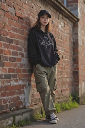 A beautiful young woman with an urban style leaning against a worn brick wall on a hot summer morning. She is dressed in an oversized hoodie, cargo pants, sneakers and a cap. The setting is an abandoned industrial area where youth gather. The lighting is intense from the summer sun emphasizing the colors of her outfit. The camera uses a medium shot with a 35mm lens, focusing on the young woman's rebellious and carefree attitude and the urban style. High resolution 4K image, with bokeh effects in the background to softly blur the surroundings, highlighting the beauty of the young woman.