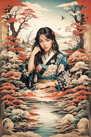 Masterpieces, Best Quality, Official Art, Aesthetics, 1girl, Asian girl, kimono, detailed background, isometric, art nouveau, flower, rose, fractal art, realhands, AI_Misaki, (zentangle, mandala, tangle, tangle), (psychedelic, flower, tapestry, Ethereal), holy light, gold leaf, gold leaf art, glitter painting, black,