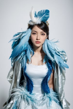 masterpiece, top quality, (arafed woman in a blue dress sitting on the floor that full of white feathers, ethereal beauty, wearing a feather dress, ethereal fantasy, xianxia fantasy, ethereal fairytale, dress made of feathers, blue feathers, incredibly ethereal, soft feather, fantasy beautiful, full body made of white feathers, jingna zhang, white feathers, chinese fantasy, a stunning young ethereal figure), extreme detailed, (abstract, fractal art:1.3), isometric, highest detailed, (feather), ghost.,1girl, most beautiful korean girl, Korean beauty model, stunningly beautiful girl, gorgeous girl, 18yo, over sized eyes, big eyes, smiling, looking at viewer,realhands,best quality