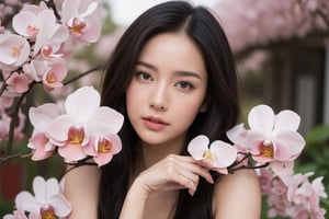(masterpiece, top quality, best quality, official art, beautiful and aesthetic:1.2), (1girl), extreme detailed,(abstract, fractal art:1.3),highest detailed, detailed_eyes, light_particles, hanfu,jewelry, sexy, ,red,cherry blossom,The left hand's orchid fingers pinch a branch blooming with cherry blossoms,The right hand's orchid fingers lightly pinch the left sleeve,
(Song Hye-gyo:0.8), (Emma Watson:0.8),