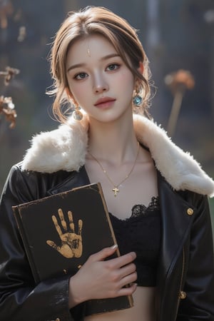 Here’s the translation:

Master-level photography of a stunningly beautiful, cool, and alluring young girl with honey-colored hair and deep-set features. Her bangs are swept back, revealing a neat short hairstyle. A delicate golden cross adorns her forehead, and she wears blue crystal sphere earrings. She is dressed in a black leather coat with a large white fur collar left open, and a cropped top revealing her toned abs. In her hand, she holds a black book with a golden handprint on the cover. The scene is bathed in soft moonlight, with a magical background.