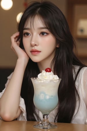 A young woman with long black straight hair with bangs sat at the wooden table, holding her head with one hand and looking thoughtfully to the side. Her makeup was subtle and elegant, with elongated dark eyeliner. In front of her was a glass goblet filled with a transparent light blue drink, with whipped cream and a cherry on top, a drink in a Japanese teahouse. The background is soft and blurry, adding a warm, cozy atmosphere to the scene.