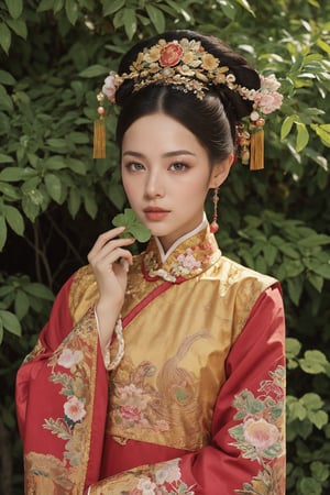 This is a photo showing a woman wearing traditional Chinese clothing, reflecting a historical or period style. The subject of the photo is the woman, wearing a bright, richly decorated and intricately embroidered dress. On her head is a special black hat decorated with a large pink flower and a golden butterfly. The background is composed of lush green foliage, suggesting a natural outdoor scene. The focus of the composition is the calm and dignified facial expression of the woman as she gently holds the leaf. This image exudes the essence of cultural richness, elegance and history.32k,