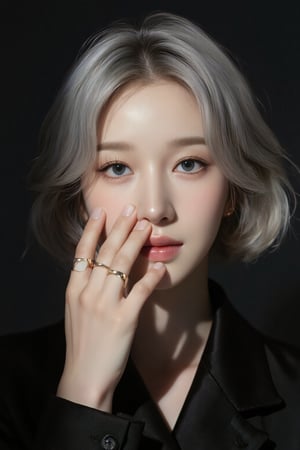 Asian portrait,A portrait of a person with short silver hair,partially illuminated by a narrow beam of light,wearing a black outfit,hand covers part of the face,showcasing minimalistic rings on fingers,makeup is subtle with attention on eyes and lips,expression appears contemplative,shadows enhance the dramatic effect,composition is intimate,color scheme relies on dark tones and highlights,the close-up angle emphasizes emotional depth,scene gives an artistic and moody vibe.