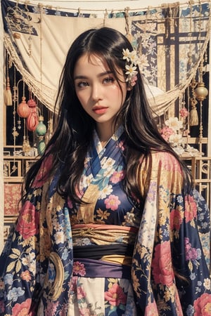 Masterpieces, Best Quality, Official Art, Aesthetics, 1girl, Asian girl, kimono, detailed background, isometric, art nouveau, flower, rose, fractal art, realhands, AI_Misaki, (zentangle, mandala, tangle, tangle), (psychedelic, flower, tapestry, Ethereal), holy light, gold leaf, gold leaf art, glitter painting, black,