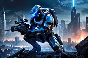 A photorealistic image of a futuristic soldier clad in a sleek, metallic exosuit, amidst a war-torn cityscape. The soldier is crouched in a tactical position, their eyes narrowed in focus on a distant target. In their hand, they hold a high-tech laser rifle, its barrel glowing with an intense blue light. As they prepare to fire, a concentrated beam of laser energy erupts from the weapon, piercing the night sky and illuminating the cityscape in an eerie blue glow.

Additional details:

Soldier: modern feel,man, stud,combat uniform 
Cityscape: Depict a war-torn environment. Imagine crumbling buildings, shattered streets, and smoke rising from distant fires. Bathe the scene in moonlight with a stark contrast to the soldier's laser fire.
Laser Beam: Make the laser beam a vibrant blue color, contrasting sharply with the dark surroundings.
Style: Cyberpunk