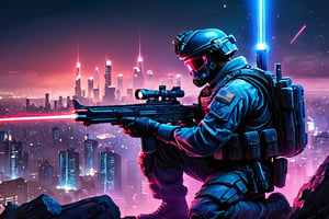  The soldier is crouched in a tactical position, their eyes narrowed in focus on a distant target. In their hand, they hold a high-tech laser rifle, its barrel glowing with an intense blue light. As they prepare to fire, a concentrated beam of laser energy erupts from the weapon, piercing the night sky and illuminating the cityscape 

Soldier: modern feel,man, stud,combat uniform 
Cityscape: Depict a war-torn environment. Imagine crumbling buildings, shattered streets, and smoke rising from distant fires. Bathe the scene in moonlight with a stark contrast to the soldier's laser fire.
Laser Beam: Make the laser beam a vibrant blue color, contrasting sharply with the dark surroundings.
Style: Cyberpunk
Prompt with color image reference:magenta color palette