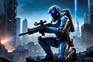 A photorealistic image of a futuristic soldier clad in a sleek, metallic exosuit, amidst a war-torn cityscape. The soldier is crouched in a tactical position, their eyes narrowed in focus on a distant target. In their hand, they hold a high-tech laser rifle, its barrel glowing with an intense blue light. As they prepare to fire, a concentrated beam of laser energy erupts from the weapon, piercing the night sky and illuminating the cityscape in an eerie blue glow.

Additional details:

Soldier: modern feel,man, stud,combat uniform 
Cityscape: Depict a war-torn environment. Imagine crumbling buildings, shattered streets, and smoke rising from distant fires. Bathe the scene in moonlight with a stark contrast to the soldier's laser fire.
Laser Beam: Make the laser beam a vibrant blue color, contrasting sharply with the dark surroundings.
Style: Aim for a photorealistic image that conveys the intensity of future warfare, the technological power wielded by the soldier, and their unwavering determination.