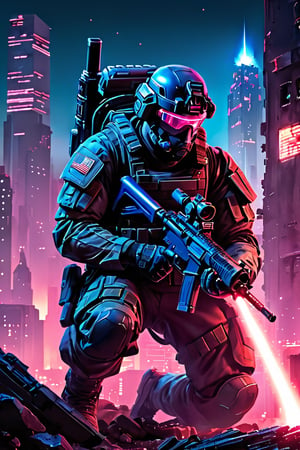  The soldier is crouched in a tactical position, their eyes narrowed in focus on a distant target. In their hand, they hold a high-tech laser rifle, its barrel glowing with an intense blue light. As they prepare to fire, a concentrated beam of laser energy erupts from the weapon, piercing the night sky and illuminating the cityscape 

Soldier: modern feel,man, stud,combat uniform 
Cityscape: Depict a war-torn environment. Imagine crumbling buildings, shattered streets, and smoke rising from distant fires. Bathe the scene in moonlight with a stark contrast to the soldier's laser fire.
Laser Beam: Make the laser beam a vibrant blue color, contrasting sharply with the dark surroundings.
Style: Cyberpunk
Prompt with color image reference:magenta color palette