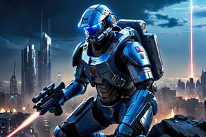A photorealistic image of a futuristic soldier clad in a sleek, metallic exosuit, amidst a war-torn cityscape. The soldier is crouched in a tactical position, their eyes narrowed in focus on a distant target. In their hand, they hold a high-tech laser rifle, its barrel glowing with an intense blue light. As they prepare to fire, a concentrated beam of laser energy erupts from the weapon, piercing the night sky and illuminating the cityscape in an eerie blue glow.

Additional details:

Soldier: Emphasize the futuristic aspect of the soldier's attire. The exosuit should be sleek and streamlined, with metallic plating and glowing accents.
Cityscape: Depict a war-torn environment. Imagine crumbling buildings, shattered streets, and smoke rising from distant fires. Bathe the scene in moonlight with a stark contrast to the soldier's laser fire.
Laser Beam: Make the laser beam a vibrant blue color, contrasting sharply with the dark surroundings.
Style: Aim for a photorealistic image that conveys the intensity of future warfare, the technological power wielded by the soldier, and their unwavering determination.