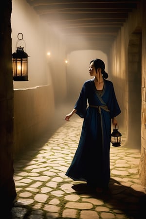 A woman with a determined expression on her face walks through a dimly lit, winding maze. She holds a lantern in her hand, which casts long shadows on the walls. The air is thick with fog, and the only sounds are the woman's footsteps and the occasional drip of water.

An Asian woman, Dimly lit maze, Stone slabs on the ground,Mysterious,Woman centered in the frame