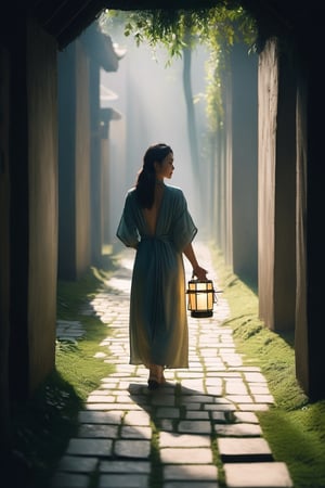 A woman with a determined expression on her face walks through a dimly lit, winding maze. She holds a lantern in her hand, which casts long shadows on the walls. The air is thick with fog, and the only sounds are the woman's footsteps and the occasional drip of water.

An Asian woman, Dimly lit maze, Stone slabs on the ground,Mysterious,Woman centered in the frame