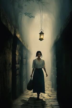 A woman with a determined expression on her face walks through a dimly lit, winding maze. She holds a lantern in her hand, which casts long shadows on the walls. The air is thick with fog, and the only sounds are the woman's footsteps and the occasional drip of water.

An Asian woman, a white shirt, Dimly lit maze, Stone slabs on the ground,Mysterious,Woman centered in the frame,scenery,Shady,painting