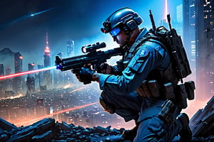  The soldier is crouched in a tactical position, their eyes narrowed in focus on a distant target. In their hand, they hold a high-tech laser rifle, its barrel glowing with an intense blue light. As they prepare to fire, a concentrated beam of laser energy erupts from the weapon, piercing the night sky and illuminating the cityscape 

Soldier: modern feel,man, stud,combat uniform 
Cityscape: Depict a war-torn environment. Imagine crumbling buildings, shattered streets, and smoke rising from distant fires. Bathe the scene in moonlight with a stark contrast to the soldier's laser fire.
Laser Beam: Make the laser beam a vibrant blue color, contrasting sharply with the dark surroundings.
Style: Cyberpunk