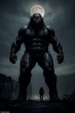 Here's a prompt for an image based on your description:

A low-angle shot captures the imposing figure of a monstrous creature emerging from the shadows of a desolate town under the soft glow of a full moon. The camera's perspective is deliberately distorted, emphasizing the chaos and destruction that surrounds it: crumbling buildings, scattered debris, and an atmosphere thick with tension. The creature's face is a testament to its ancient, malevolent nature: a glowing single eye, rows of razor-sharp teeth, and leathery skin etched with intricate tattoos. Wild, unkempt hair stirs in the moonlight as the behemoth takes a menacing step forward, casting a long shadow across the devastated landscape.