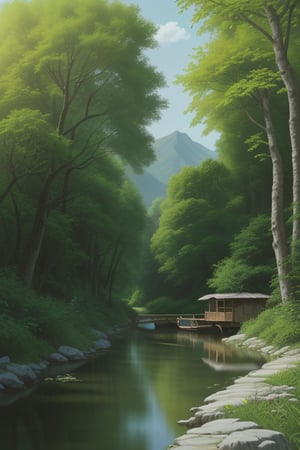 A serene mountain river meanders through a lush valley, its gentle currents reflecting the vibrant hues of a sunny afternoon. A rustic pavilion stands at the water's edge, where a fisherman casts his line into the tranquil stream. The wooden boat, adorned with weathered ropes and nets, rocks softly in the current. A winding path leads visitors along the riverbank, amidst tall trees and verdant foliage. Realistic brushstrokes bring this idyllic scene to life, capturing the peaceful essence of a summer's day.