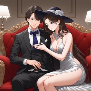 woman sitting man lap, room, long hair woman, dark_hair, elegant clothes, together, romantic, men hat, men hat, young woman, man with hat, young girl, 