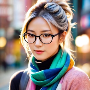 Portrait of Yuko, an (muscular: 1.4) Asian woman with blond-dyed hair in a bun, wearing a cozy sweater, a colorful scarf around her neck, and stylish glasses. The portrait captures her from the shoulders up, showcasing her civilian identity. Her expression is soft and approachable, with a hint of a smile. The background is a neutral, blurred setting to keep the focus on her face and attire. The image should be detailed and realistic, emphasizing her unique features and stylish look.
