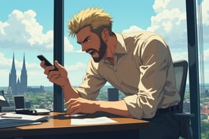 A dynamic scene unfolds as the 55-year-old Englishman, with sharp features, sits in a sleek modern bureau, big window shows cologne cityscape behind him. His piercing blue eyes are fixed intently on his phone, his medium blonde hair styled in a short, spiky haircut. A well-groomed beard frames his face, adding to his distinguished look. He wears a beige Chic shirt with elegant black trousers, exuding sophistication. He is screaming,  after he has read the message.,anime,lyh,mia,ando