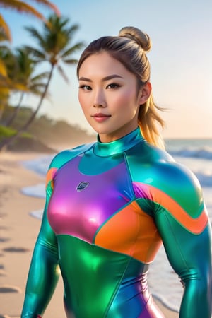 A 30 year-old ( muscular:1.4), Asian Female Warrior is shown in full body. She has almond-shaped eyes, full cheeks with high cheekbones, (round face:1.2) with a round soft chin, blond dyed hair in a bun. A few blonde strands fall into her face, she is dressed in a  colorful wetsuit, which emphasizes her muscular body,. She has a flat stomach. Her face is turned towards the camera, with a subtle smile on her closed lips, giving her a friendly appearance, she is in a 
confident pose, ocean, beach and palms in the background, evening mood, 