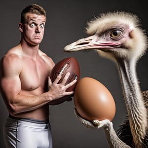 An American football Player holds a big egg, An ostrich stares in horror from the side of the picture.