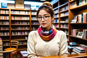 Yuko, an Asian woman with blond-dyed hair tied back in a neat bun, stands behind the counter of her cozy bookshop in Tokyo. She wears a comfortable sweater,  a fashionable colourful scarf made of silk around her neck, and stylish glasses, embodying her civilian identity as a bookseller. Shelves filled with books create a warm and inviting atmosphere in the background, with a soft, ambient light casting a gentle glow. The focus is on her face, her expression is friendly and welcoming, engaging with the customers in her charming bookstore. The image should be detailed and realistic, highlighting her unique features and the cozy bookstore setting.
