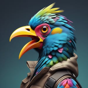 A person's face, focused downward, gazes intensely at their smartphone screen, fingers grasping the device as if for dear life. one colorful bird, sitting on his shoulders, shouting, trying distracting him from the digital world.,Zombie