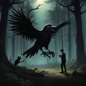 In a dense, shadowy forest, a smartphone-zombie is walking aimlessly, eyes glued to the screen of their phone. A mischievous black bird is perched on a nearby branch, cawing loudly and flapping its wings, clearly mocking the distracted human. The forest is dark and eerie, with tall trees and thick underbrush, creating a spooky atmosphere. The zombie is oblivious to their surroundings, completely engrossed in their device, while the bird continues to taunt them. The scene captures the contrast between nature and technology, highlighting the absurdity of the situation.
