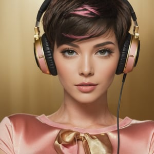 A woman with Headphones and sparkeling green eyes, she wears a tight pink top, has a pixie cut hairstyle, golden light in the background