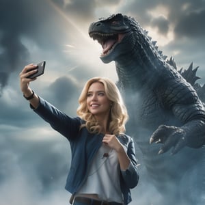 A blond woman doing a selfie, while Godzilla is coming from behind, detailed, perfect hands at her smartphone, with detailed natural formed fingers.