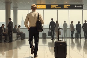 An Englishman seen from behind, medium blonde hair, short spiky hair cut, wears beige chic shirt, black elegant trausers, fine stylish black shoes, carries black leather bag, runs through the departure hall to catch the flight to Japan,painting