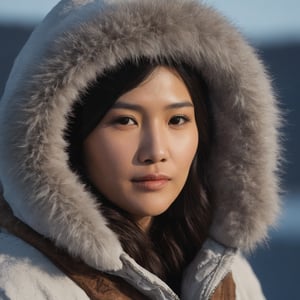 Portrait of a beautiful inuit woman, wears a warm hood with fur front, cinematic, Photoshoot, Shot on 25mm lens, Depth of Field, Tilt Blur, Shutter Speed 1/1000, F/22, White Balance, 32k, Super-Resolution, Pro Photo RGB, Half rear Lighting, Backlight, Dramatic Lighting, Incandescent, Soft Lighting, Volumetric, Conte-Jour, Global Illumination, Screen Space Global Illumination, Scattering, Shadows, Rough, Shimmering, Lumen Reflections, Screen Space Reflections, Diffraction Grading, Chromatic Aberration, GB Displacement, Scan Lines, Ambient Occlusion, Anti-Aliasing, FKAA, TXAA, RTX, SSAO, OpenGL-Shader’s, Post Processing, Post-Production, Cell Shading, Tone Mapping, CGI, VFX, SFX, insanely detailed and intricate, hyper maximalist, elegant, dynamic pose, photography, volumetric, ultra-detailed, intricate details, super detailed, ambient –v 6.0