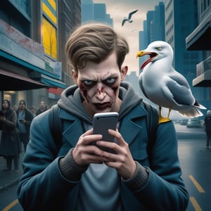 A seagull annoys a smartphone zombie, a city in the background