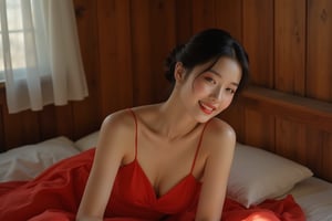 Go Min-si, Korean actress, is sitting on a wooden bed in a wood cabin, diagonally opposite to the viewer, she wears a crimson-colored dress, smiles with her red glossy lips, porcelain skin, black hair in a bun, short neck, her beautiful legs are spread lasciviously, afternoon mood, warm colors, sunbeams into the dusty room, masterpice, high quality, cinematic look,