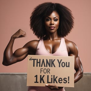 A muscular dark skinned woman in biceps pose holding a sign with the incription: "Thank you for 1K likes!" 