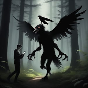 In a dense, shadowy forest, a smartphone-zombie is walking aimlessly, eyes glued to the screen of their phone. A mischievous black bird is flying around him, cawing loudly and flapping its wings, clearly mocking the distracted human. The forest is dark and eerie, with tall trees and thick underbrush, creating a spooky atmosphere. The zombie is oblivious to their surroundings, completely engrossed in their device, while the bird continues to taunt them. The scene captures the contrast between nature and technology, highlighting the absurdity of the situation.

