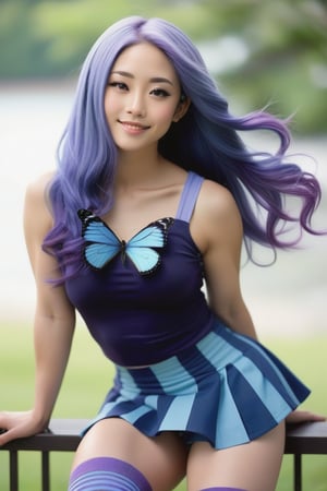 A 30-year-old Japanese woman is shown in full body. She has long blue hair with purple streaks and is wearing a blue decorative butterfly hairpin. She is dressed in a dark blue top, a lilac short skirt, and light blue knee-high socks with dark blue stripes. Her skin has a natural, slightly dark complexion. Her face is turned towards the camera, with a subtle smile on her closed lips, giving her a friendly appearance, greenery in the background,score_9, score_7_up, score_8_up