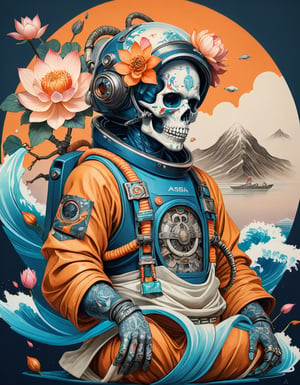 a beautiful rendition of astronaut,insanely detailed and intricate,Ásia traditional ratio,hypermaximalist,matte,cinematic,James  froud,ross tran,,LuxTechAI ,TransformersStyle 
Budha lotus pose barong goodness good  icon  samurai peony  Sakura
Garuda humongous  blue marine orange colours 
 Tattoo Japanese stile koi  skull waves