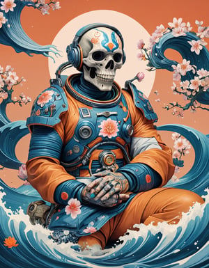 a beautiful rendition of astronaut,insanely detailed and intricate,Ásia traditional ratio,hypermaximalist,matte,cinematic,James  froud,ross tran,,LuxTechAI ,TransformersStyle 
Budha lotus pose barong goodness good  icon  samurai peony  Sakura
Garuda humongous  blue marine orange colours 
 Tattoo Japanese stile koi  skull waves