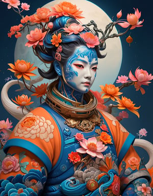 a beautiful rendition of astronaut,insanely detailed and intricate,Ásia traditional ratio,hypermaximalist,matte,cinematic,James  froud,ross tran,,LuxTechAI ,TransformersStyle 
Budha lotus pose barong goodness good  icon  samurai peony  Sakura
Garuda humongous  blue marine orange colours 
 Tattoo Japanese stile koi 